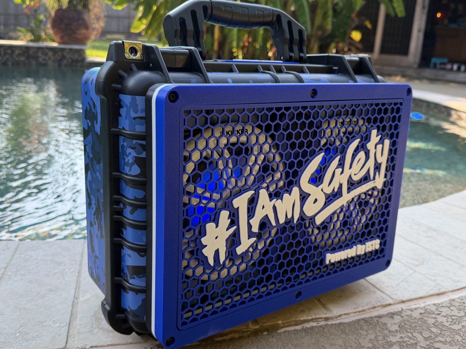 #IAmSafety boom box three-quarter view poolside