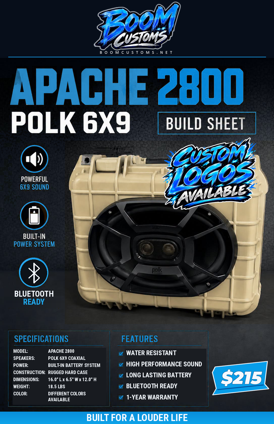 BoomCustoms Apache 2800 Polk 6x9 build sheet, $215, with electric-blue Custom Logos Available graphic, build specifications, Bluetooth Ready and 1-year warranty