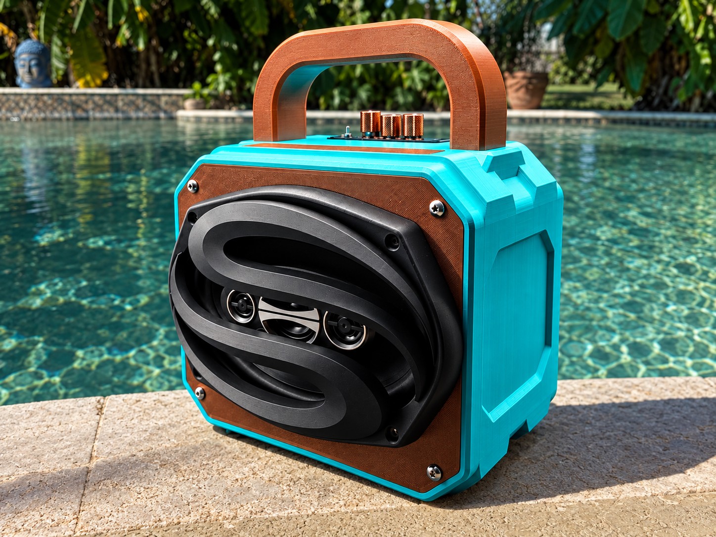 Dock Box three-quarter view showing turquoise case and copper-colored handle