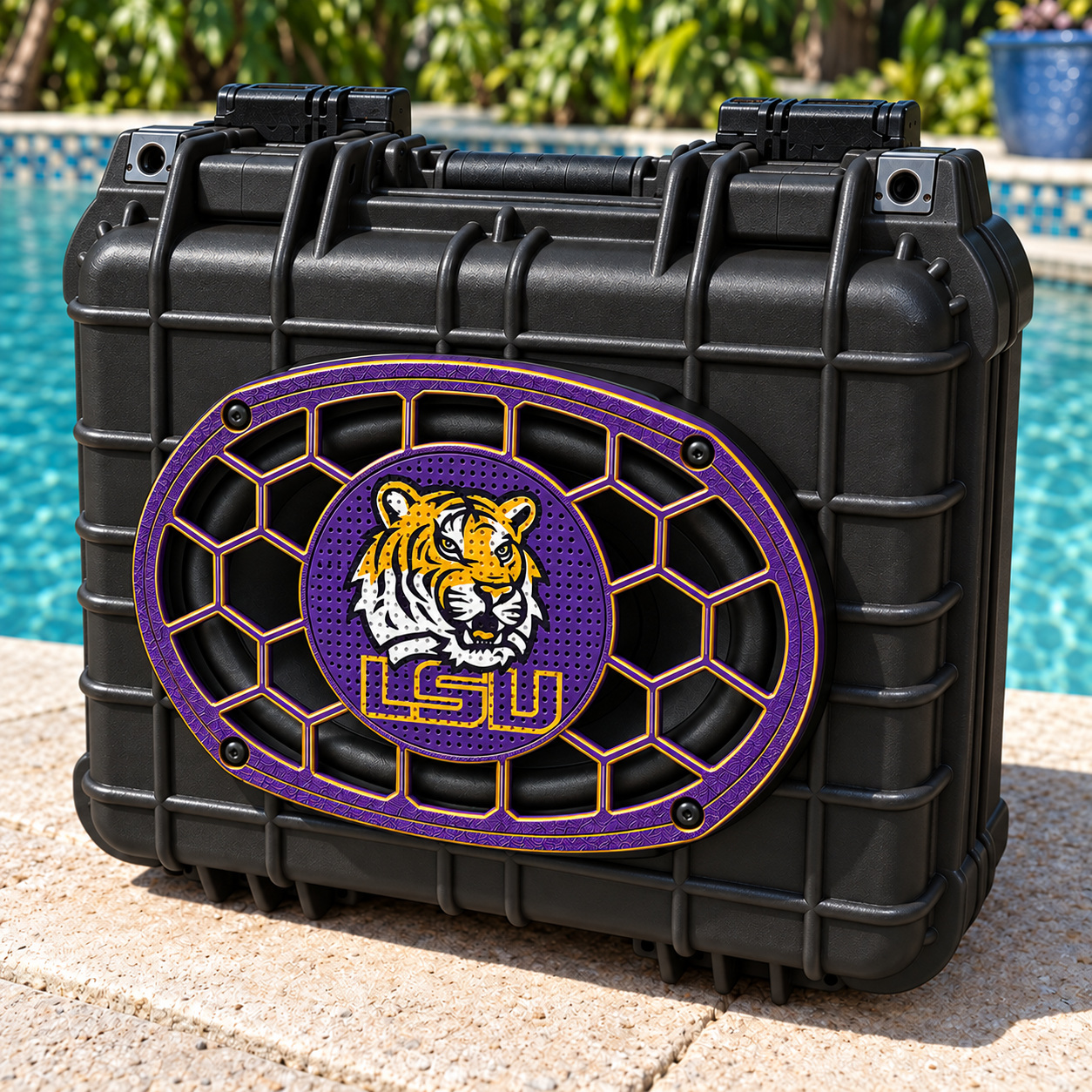 Black Apache 2800 poolside with a purple and gold LSU tiger oval custom grill
