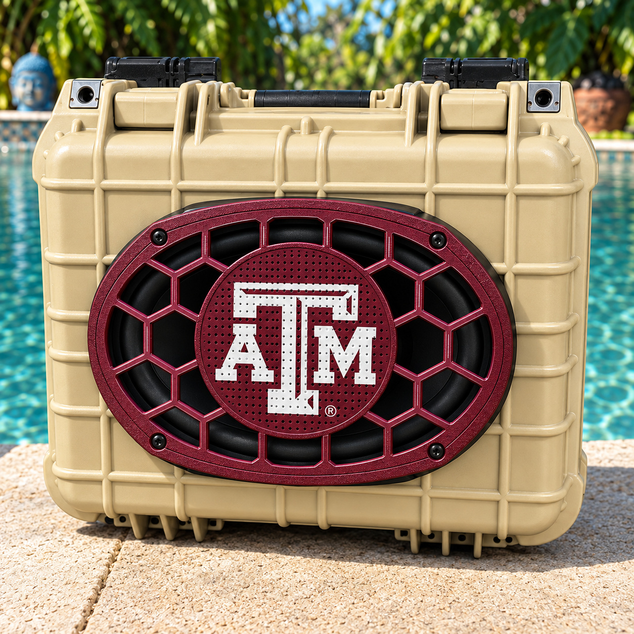 Desert tan Apache 2800 poolside with a maroon and white Texas A&M oval custom grill