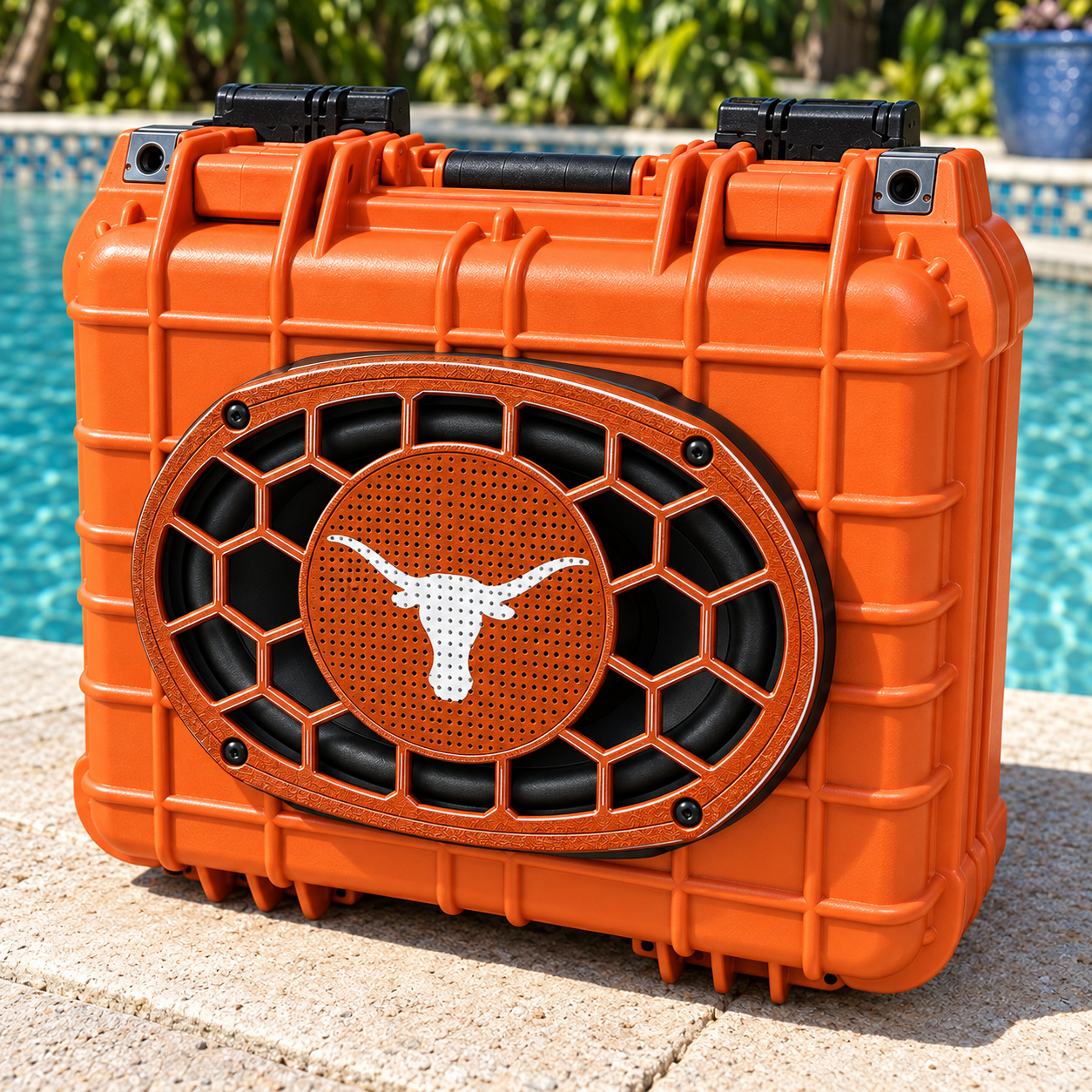 Orange Apache 2800 poolside with a burnt-orange and white UT Longhorn oval custom grill