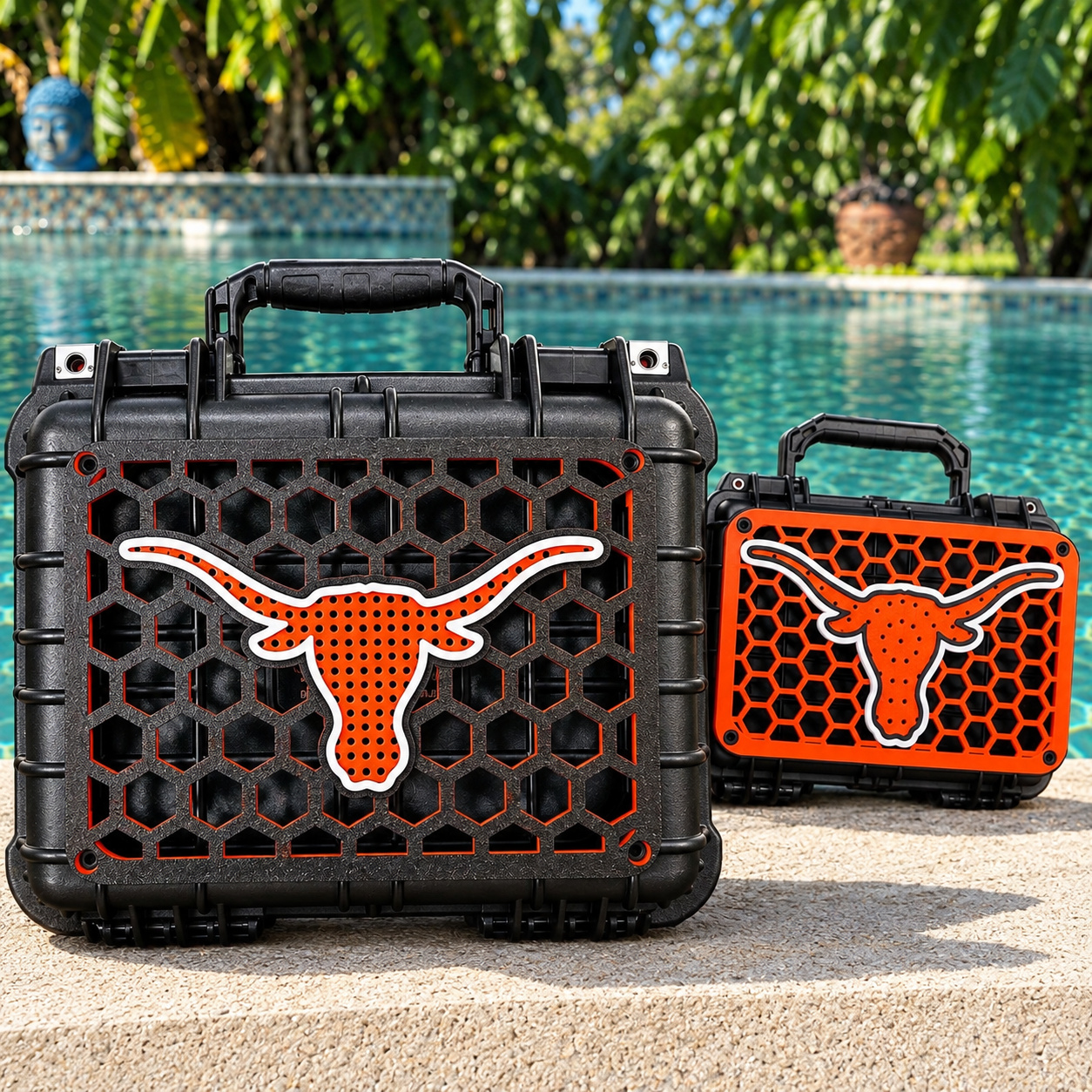 UT poolside pair: larger Apache 2800 on the left and smaller Apache 1800 on the right, with burnt-orange and white Longhorn graphics