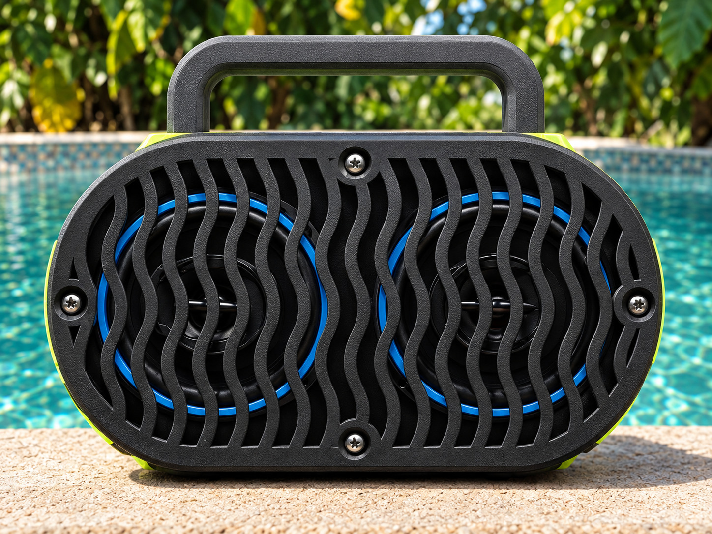 Yellow custom boom box, straight-on front view with a black speaker grill and blue speaker rings
