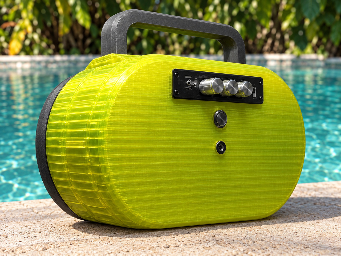 Yellow custom boom box, rear view showing the handle and control panel