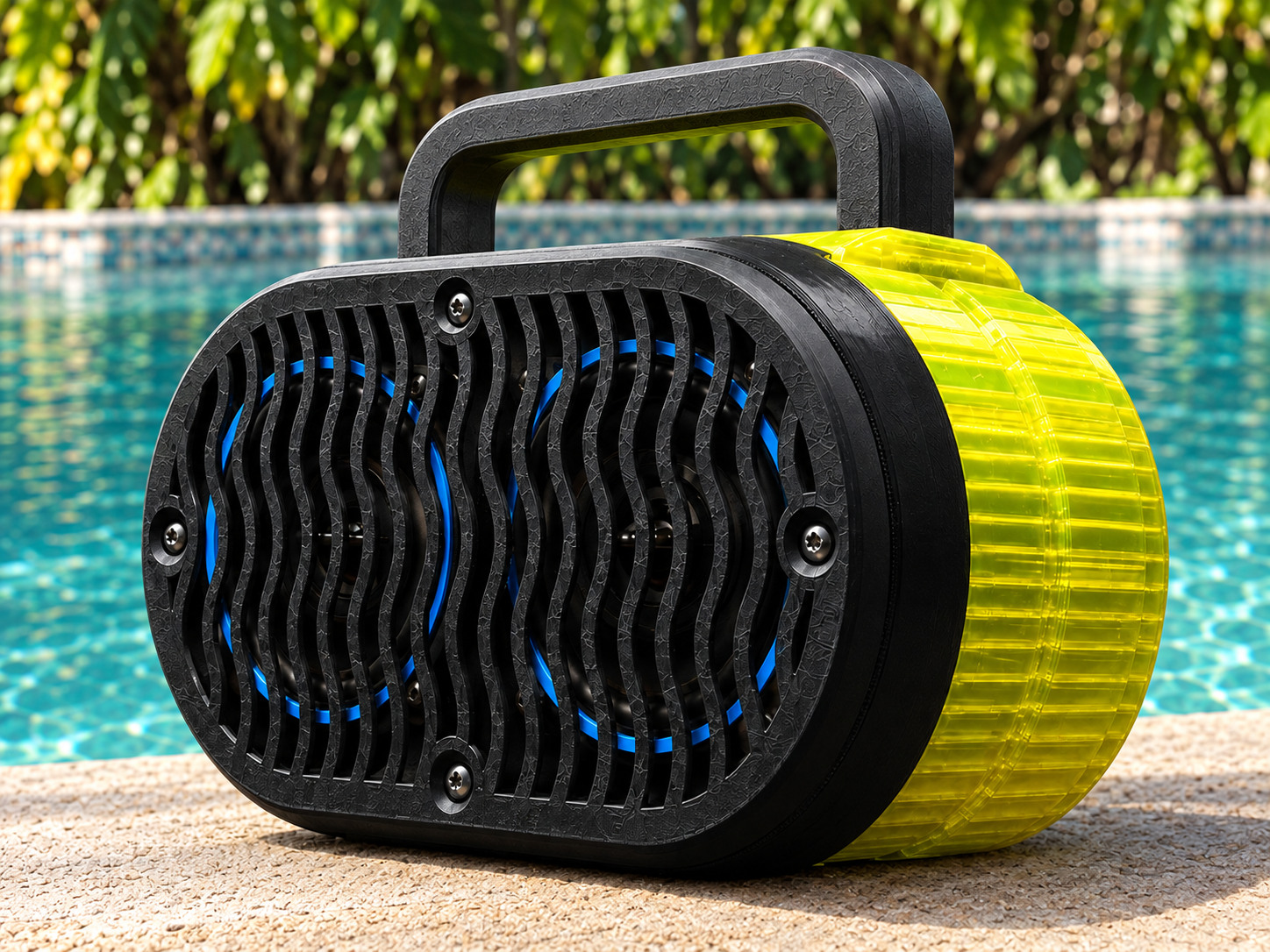 Yellow custom boom box, three-quarter view showing the black speaker grill and ribbed yellow case