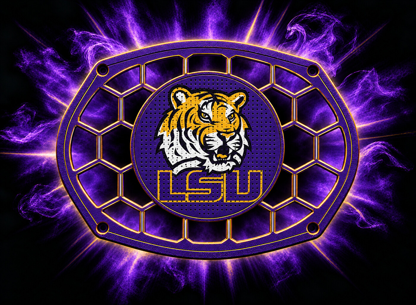 LSU oval grill concept with a predominantly purple frame, gold accents, tiger artwork and tiny speaker perforations