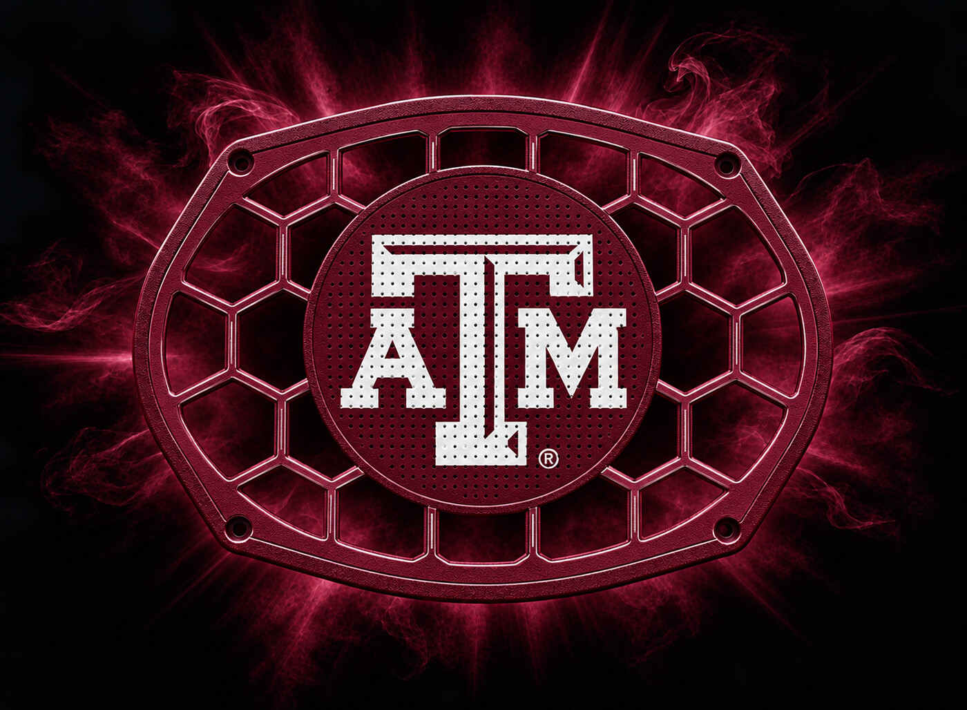 Texas A&M oval grill concept with a predominantly maroon frame, white logo, thin white highlights and tiny speaker perforations