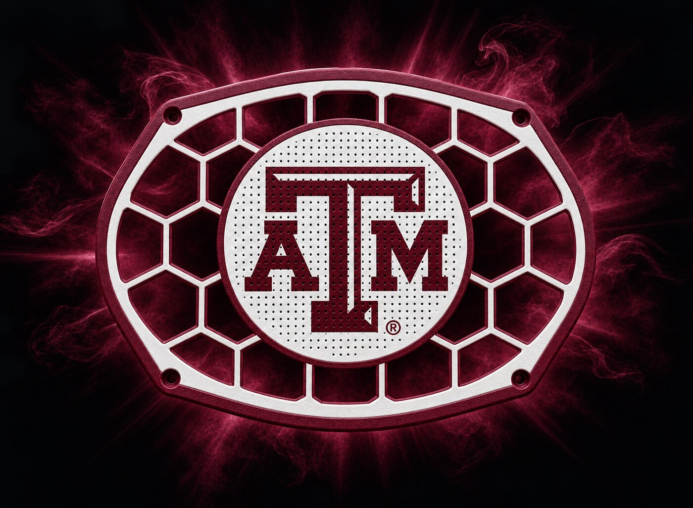 Texas A&M oval grill concept with white honeycomb ribs and perforated disk, maroon ATM logo and maroon edging