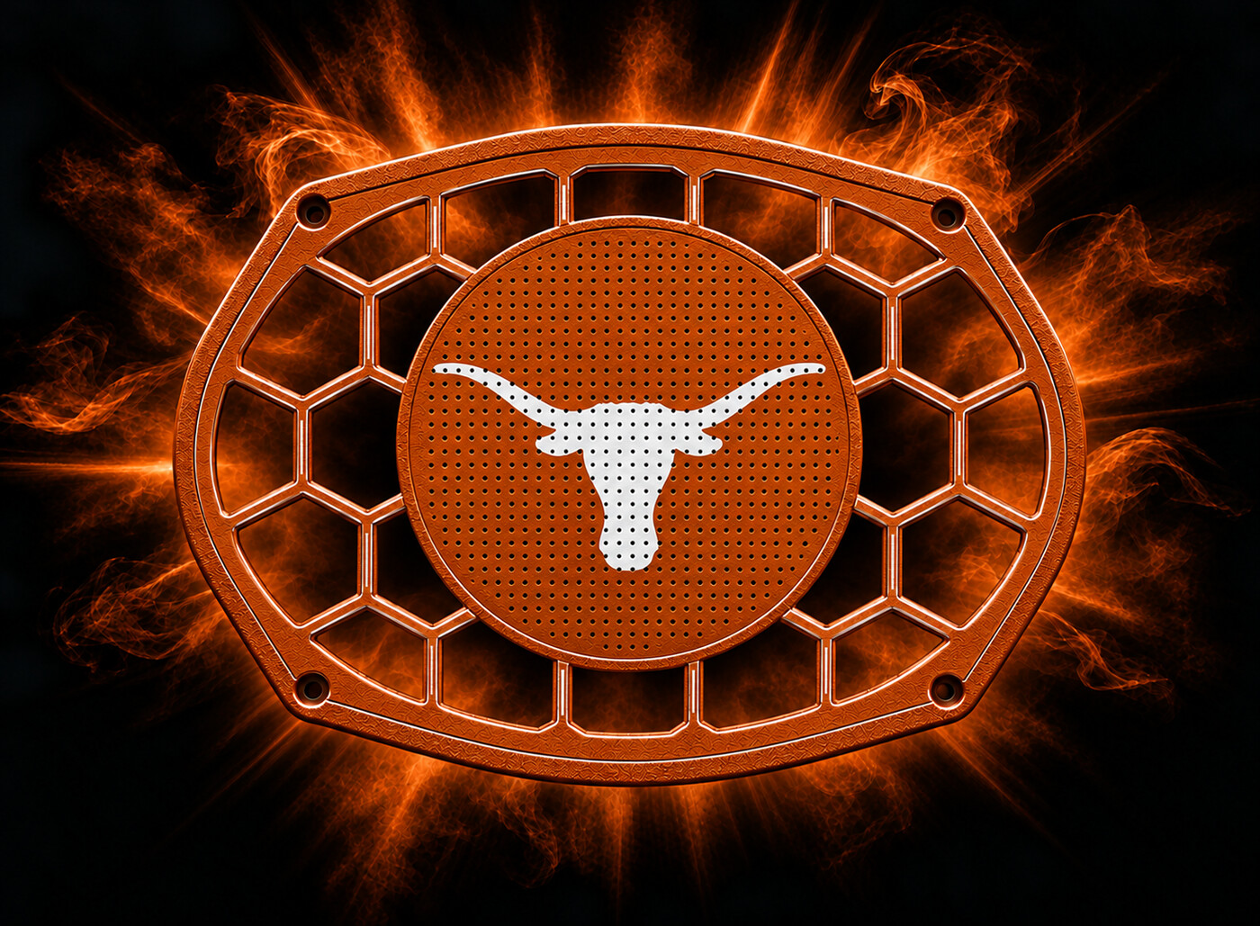 UT oval grill concept with a burnt-orange frame, white Longhorn logo and tiny speaker perforations