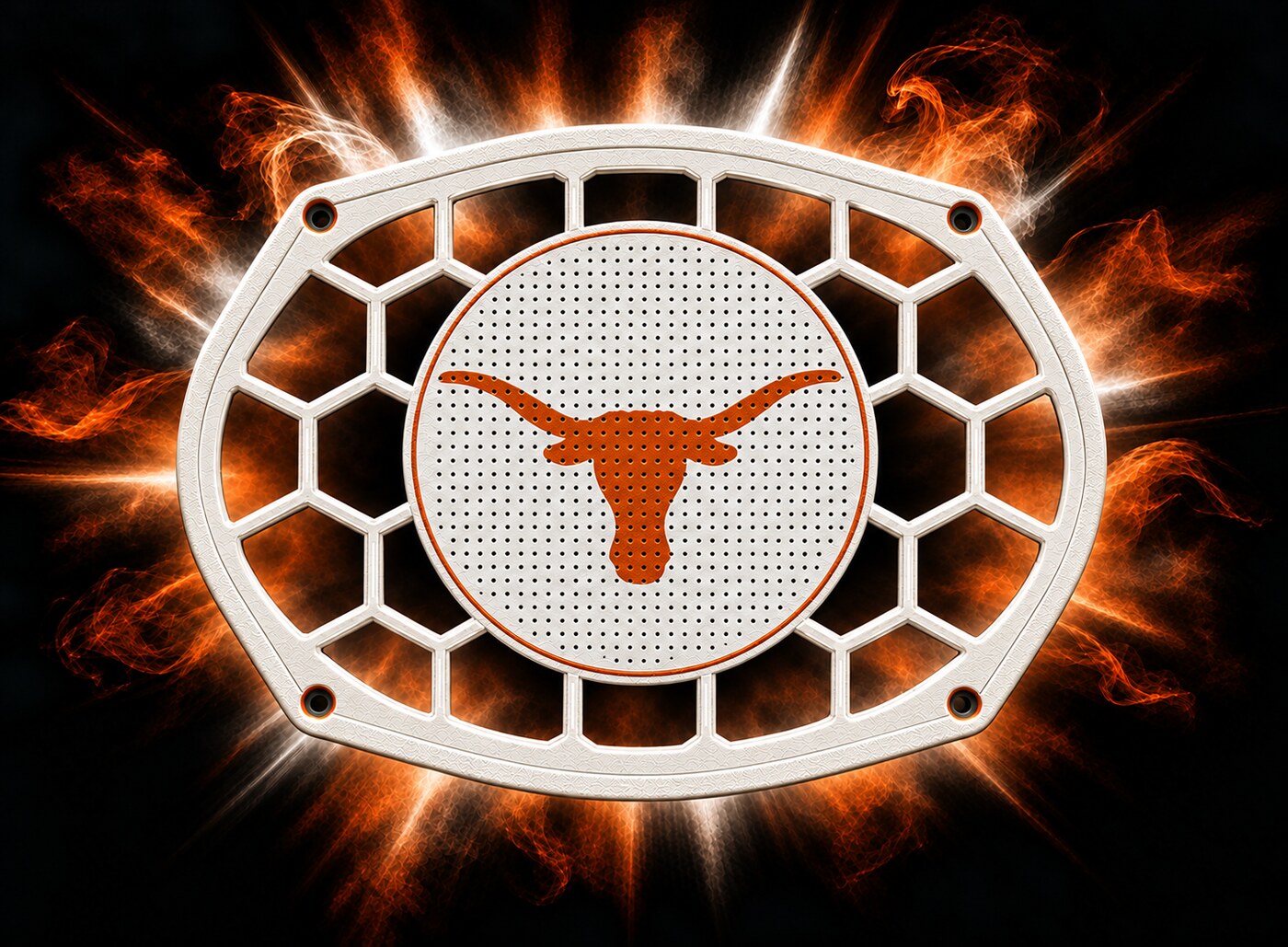 UT oval grill concept with a predominantly white frame and perforated disk, burnt-orange Longhorn logo and tiny speaker perforations