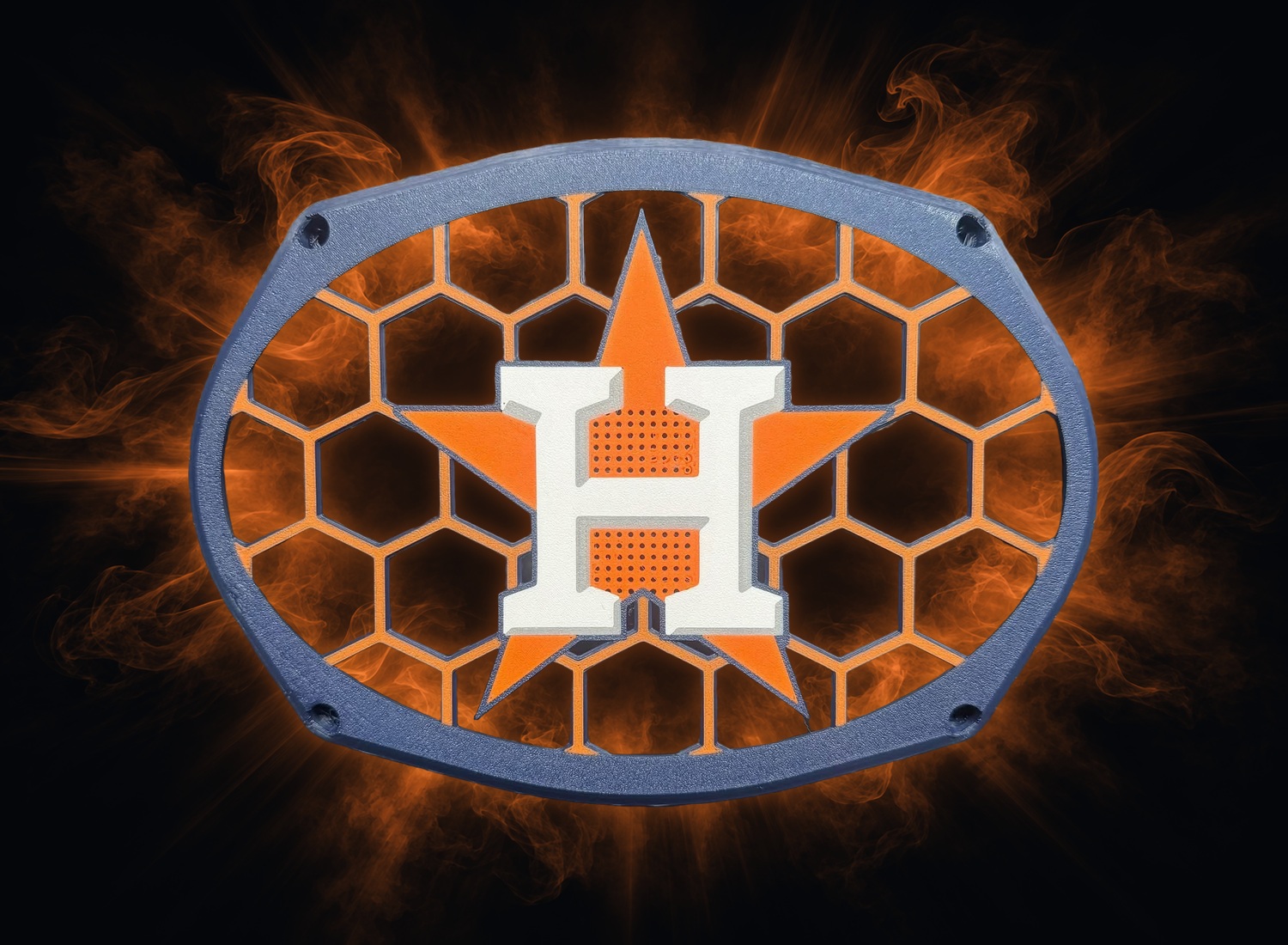 Sample grill 03: navy and orange oval grill with white H and star graphic