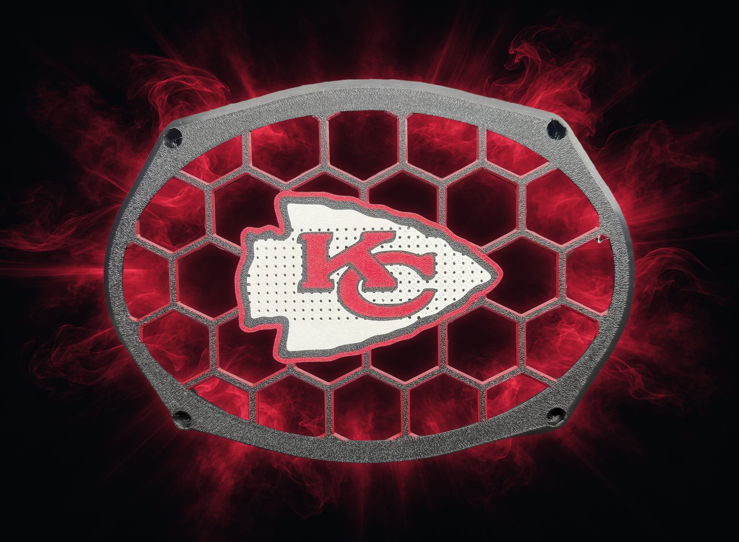 Sample grill 04: charcoal and red oval grill with white arrowhead graphic and KC lettering