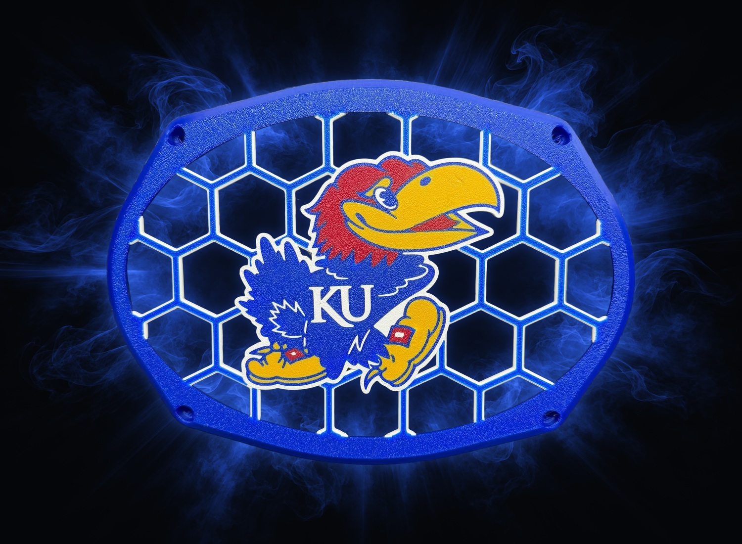 Sample grill 05: blue oval grill with red and yellow bird graphic and KU lettering