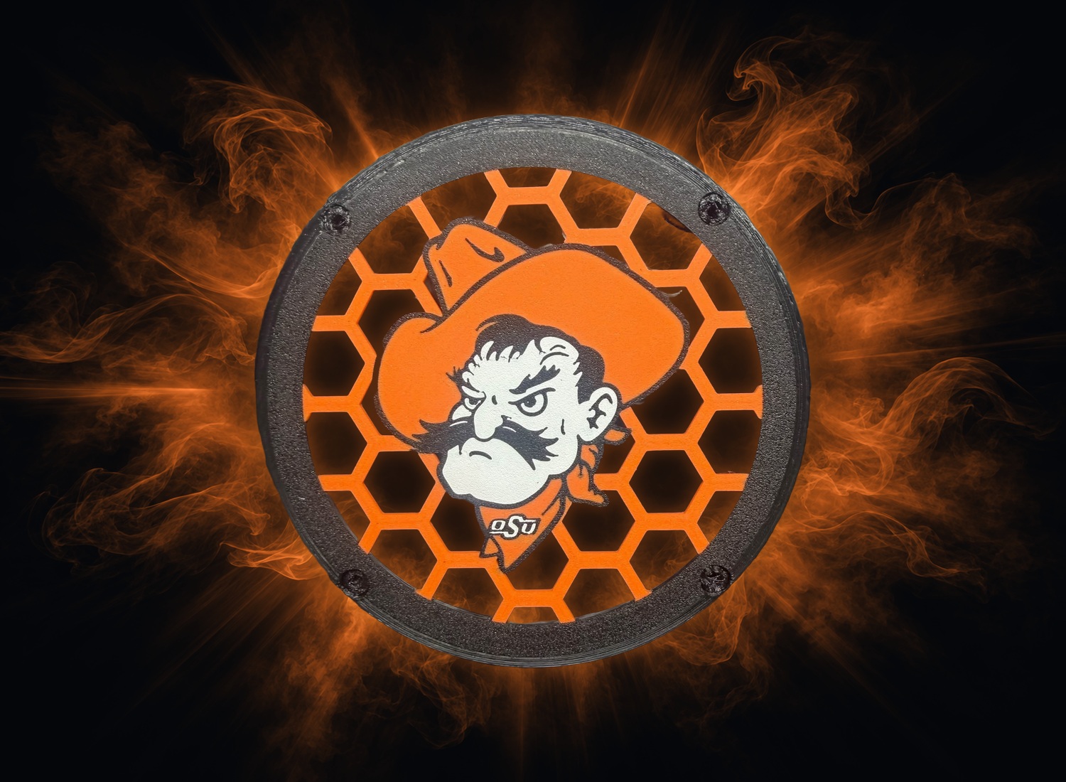 Sample grill 06: black and orange round grill with cowboy graphic