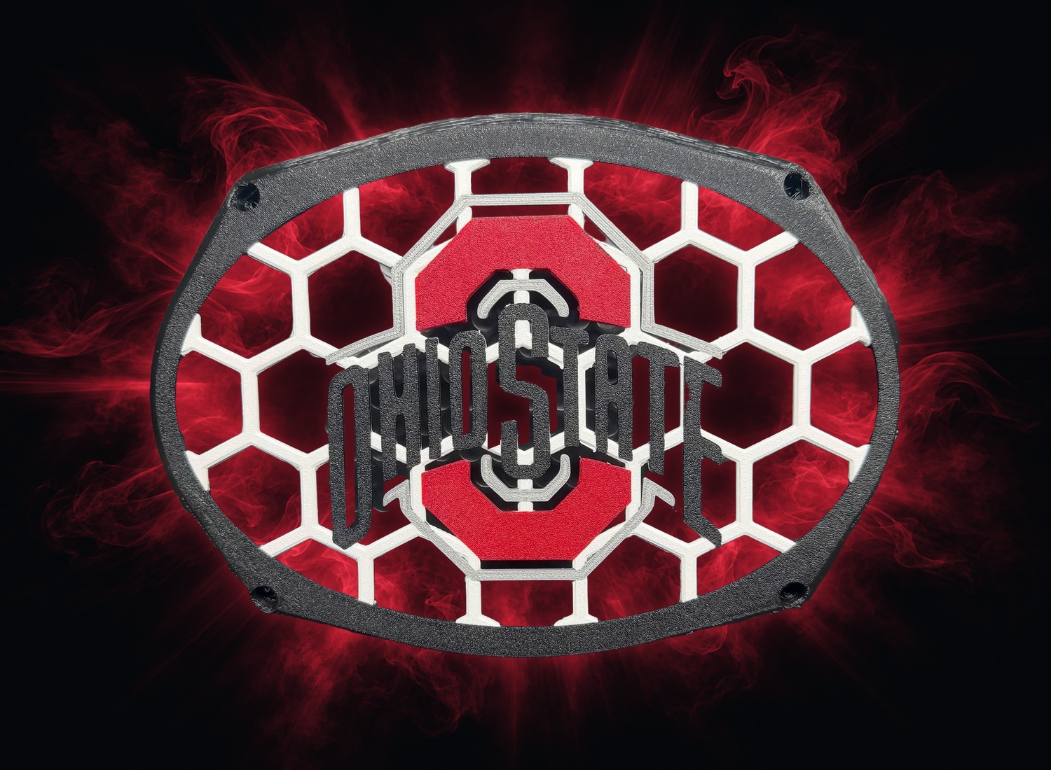 Sample grill 07: charcoal and white oval grill with red O and Ohio State lettering