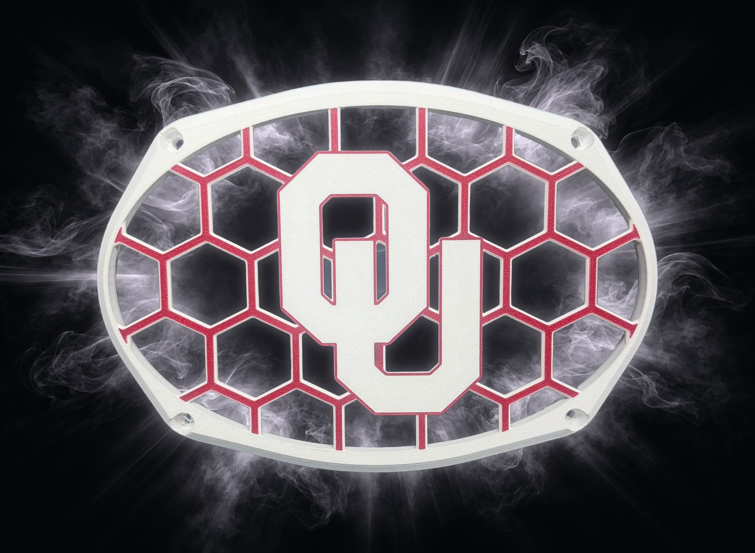 Sample grill 08: white and crimson oval grill with OU lettering
