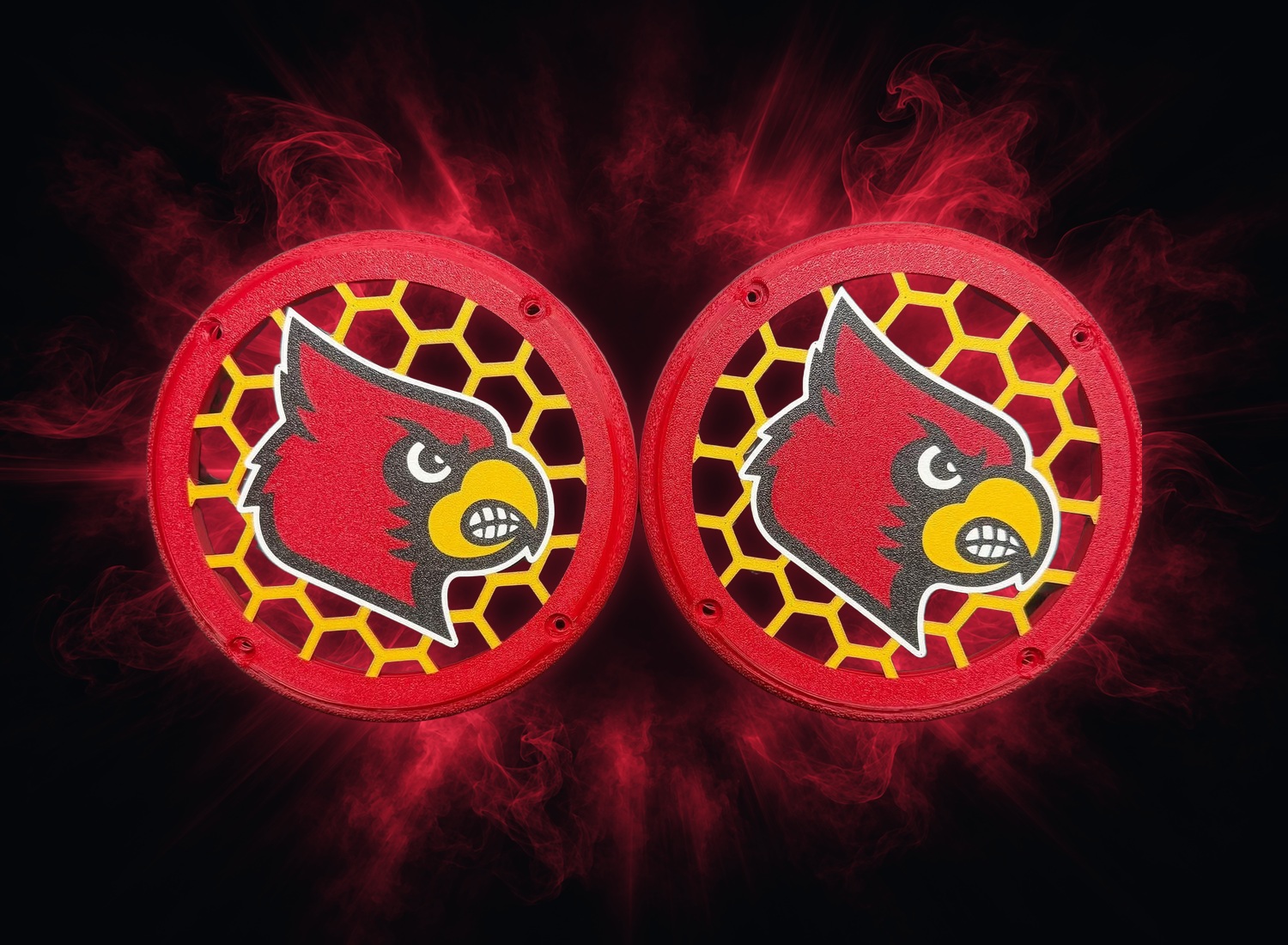 Sample grill 09: pair of red and yellow circular grills with cardinal graphics
