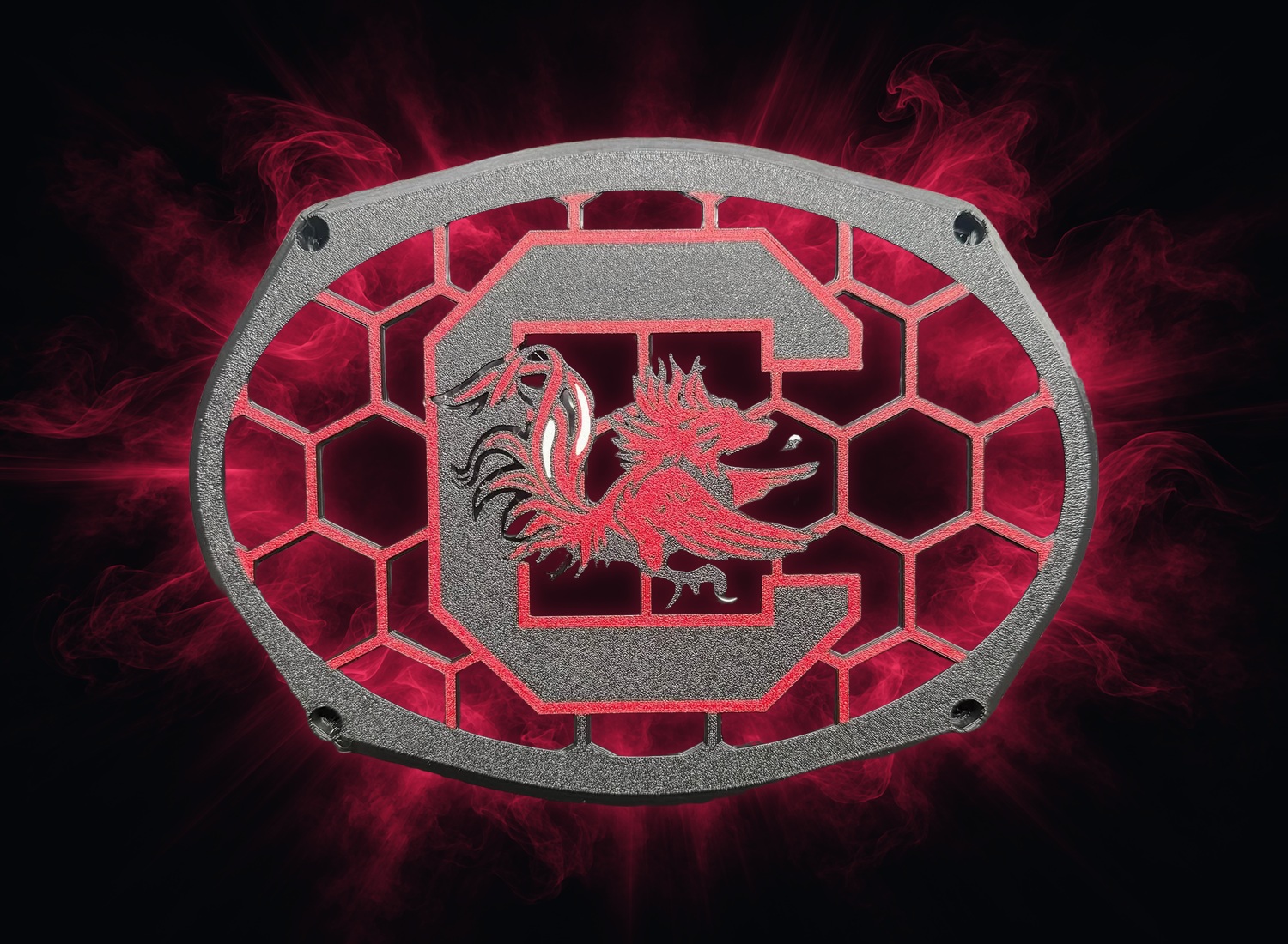 Sample grill 10: charcoal and garnet oval grill with C and rooster graphic