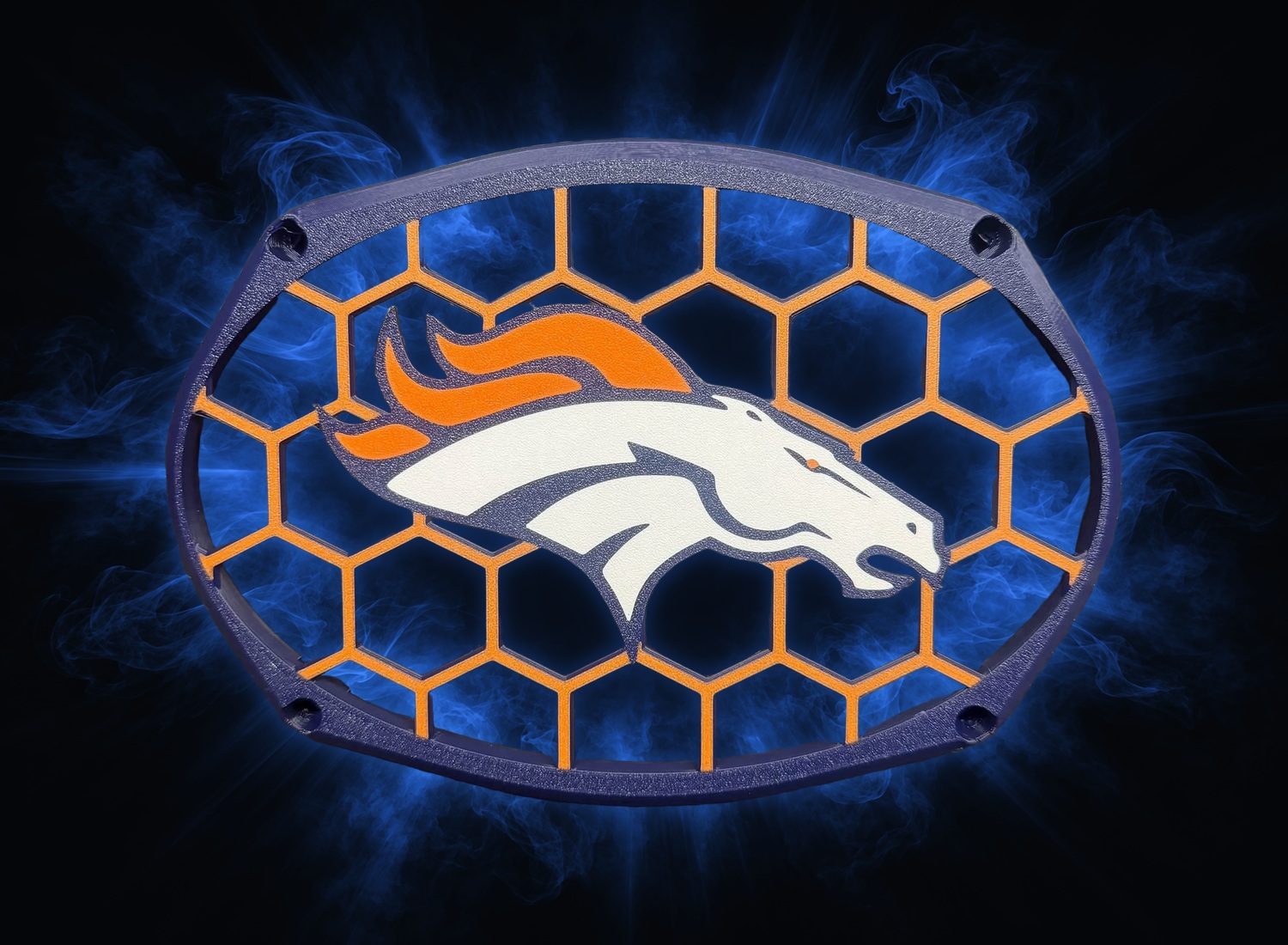 Sample grill 11: navy and orange oval grill with white horse graphic
