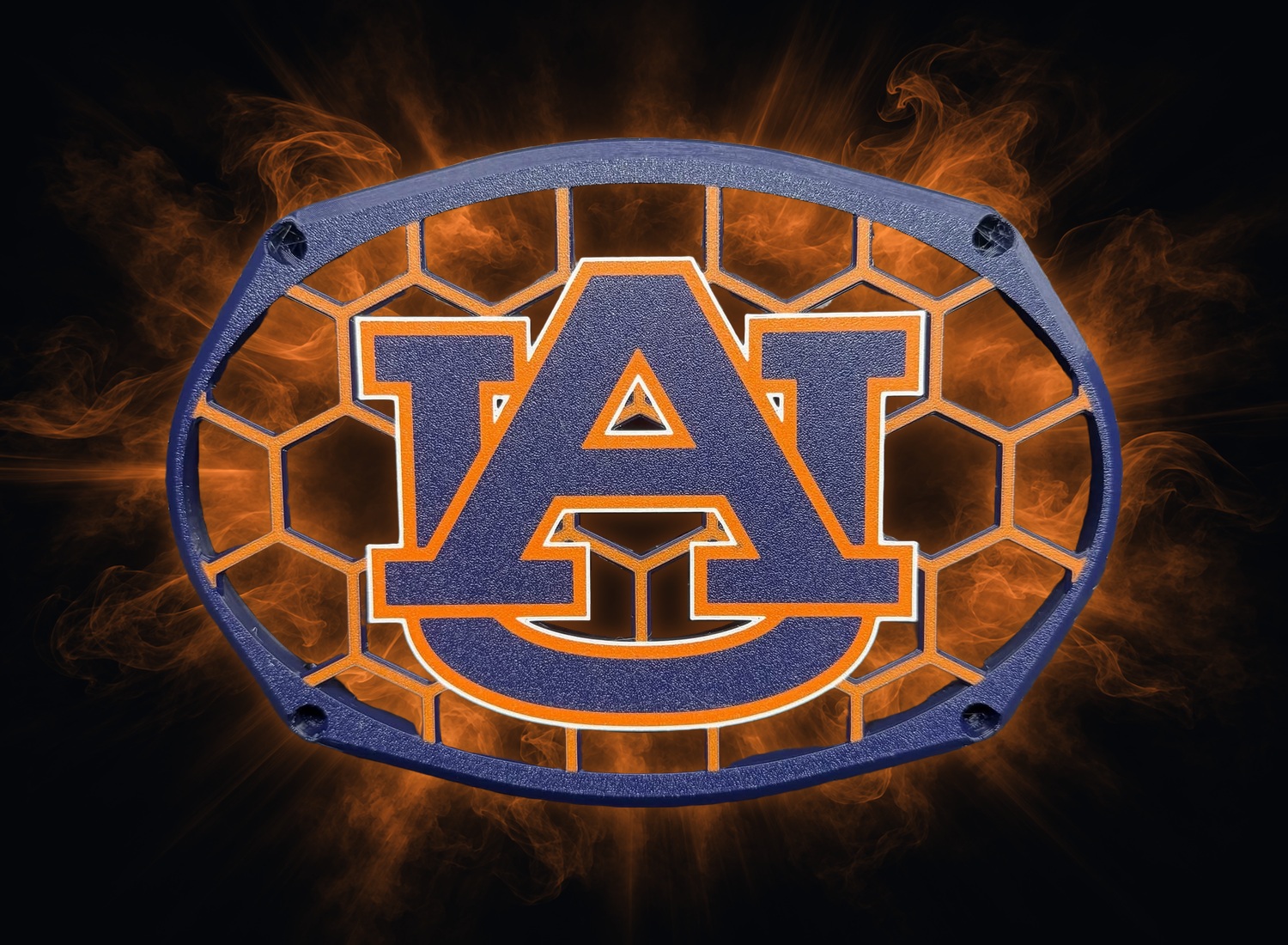 Sample grill 12: navy and orange oval grill with AU lettering
